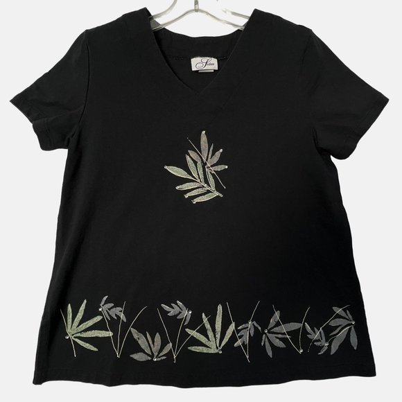 Lidan Tops - Vintage Hand Painted T Shirt Rhinestones Padded Sholuders Black Womens Large L